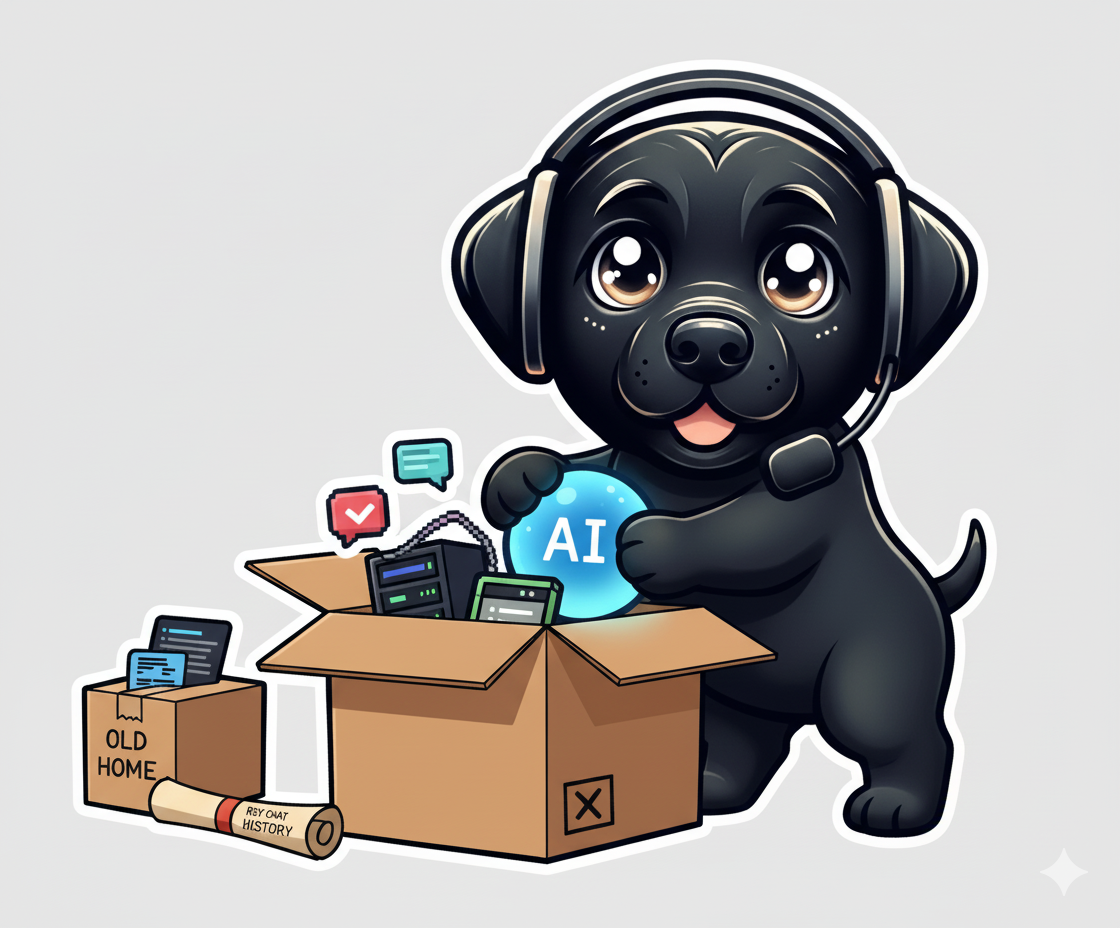 Rey the AI assistant moving to the dashboard - a puppy in a moving box with headphones